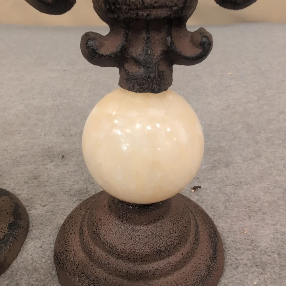 Cast Iron and Stone Fleur-de-Lis Scrollwork Finials Set of 2 Brown Cream - Picture 3 of 8